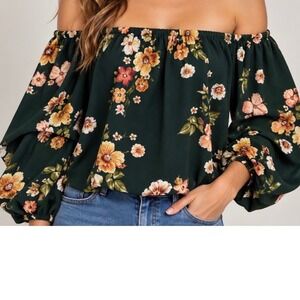 Intu Women Forest Green Floral Off The Shoulder Ruffle Sleeve Blouse Medium boho